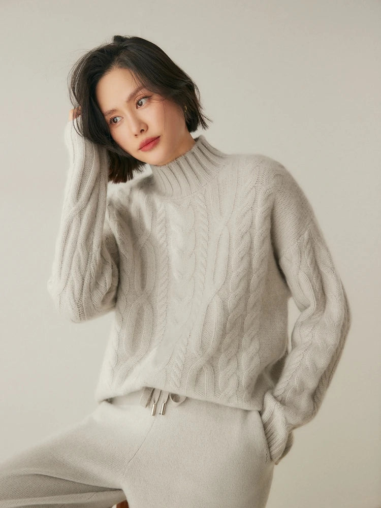 Women 100% Cashmere Sweater Mock Neck Pullover Cable Knitting Vintage Loose Style Thickened Cashmere Knitwear Autumn Winter Tops
