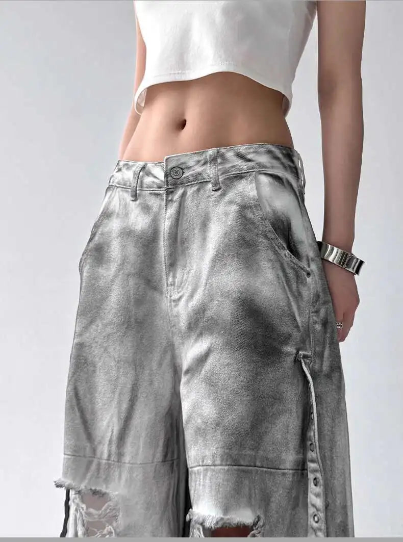 Women Jeans Pants American High Street Ripped Straight Wide-Leg Jeans For Women Design Tie-Dye Jazz Dance Cargo Full Thin Jeans