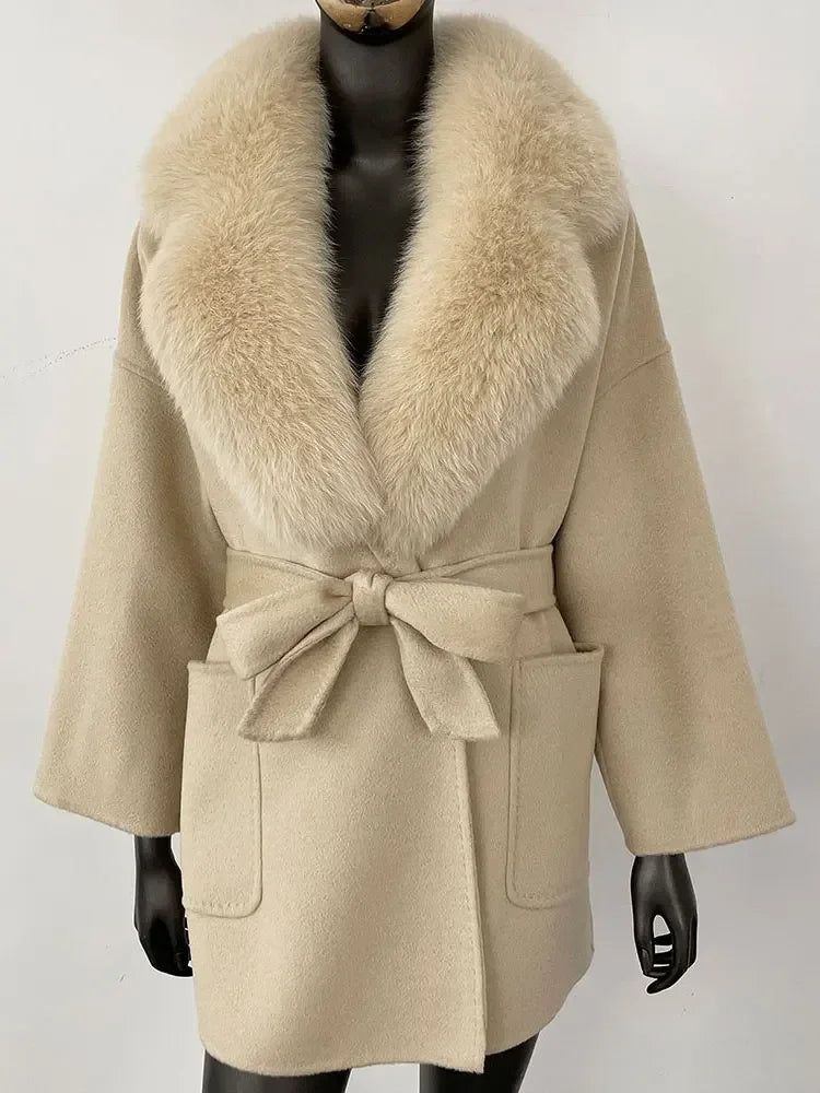 2025 Winter Fashion Women Double-sided Wool Cashmere Coat with Detachable Natural Fox Fur Collar Luxurious Genuine Fur Coat