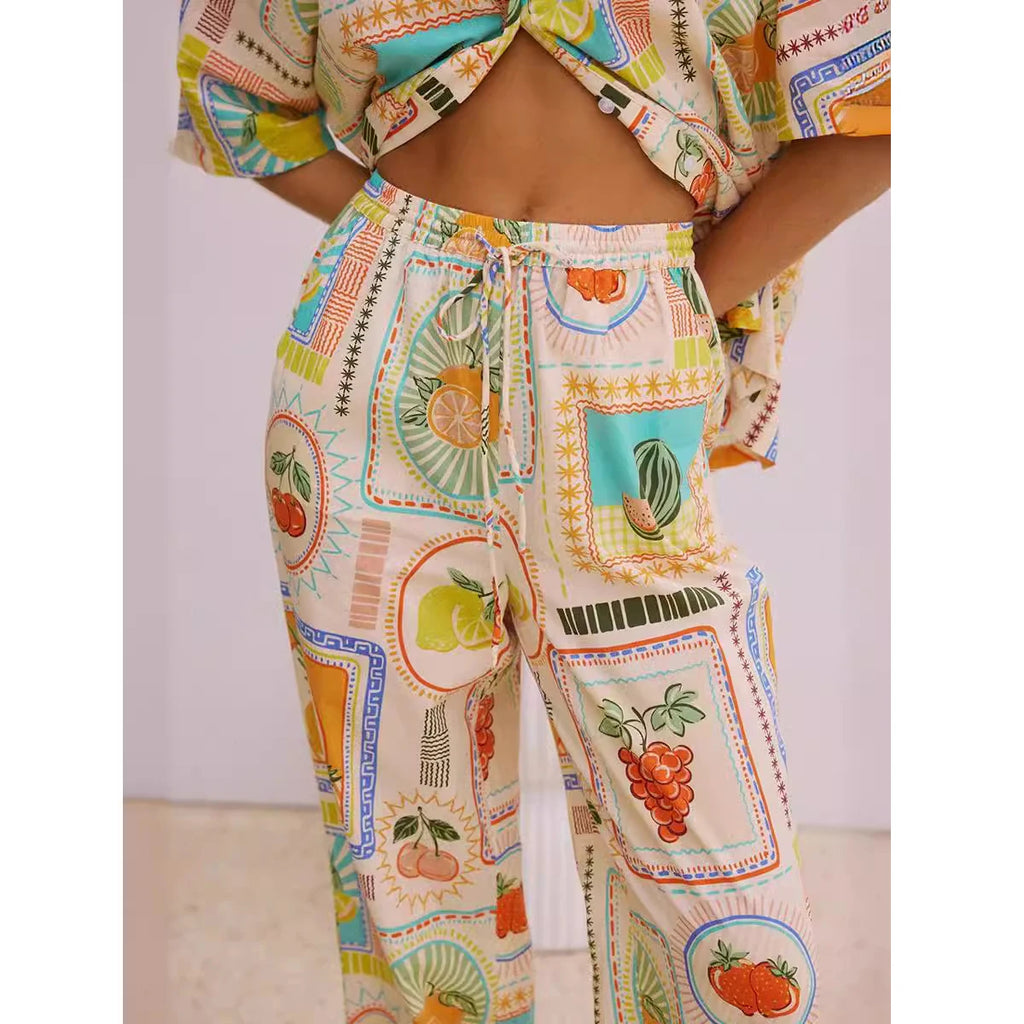 Women Shirt Collar Single Breasted Floral Print Linen Fashion Casual Spring Summer Shrit Pants Suits