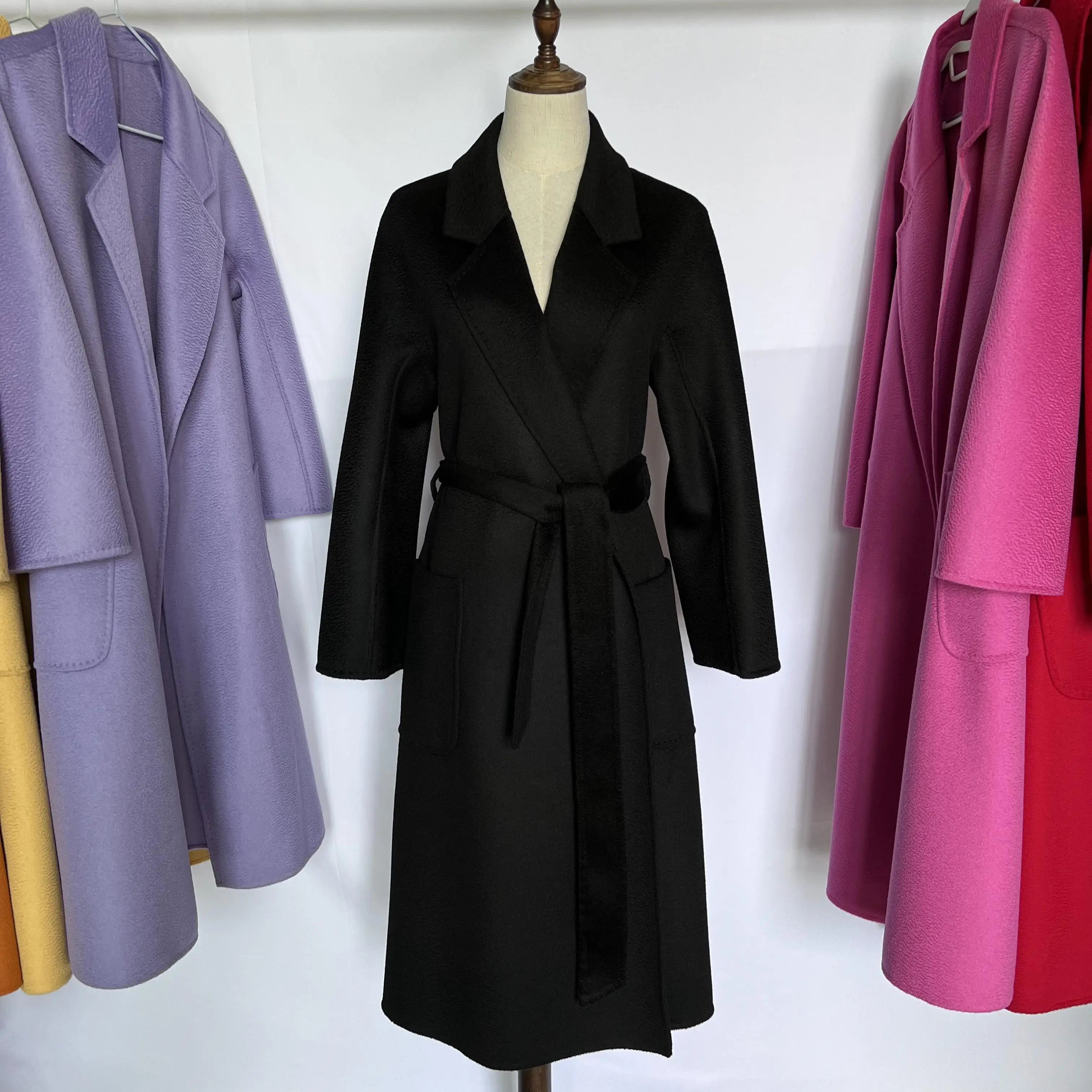 Cashmere Coat Female Winter Mid-Length Corrugated Coat Black Wool Coat Woman Autumn New Casual Fashion Red Beige Lace-Up Coat