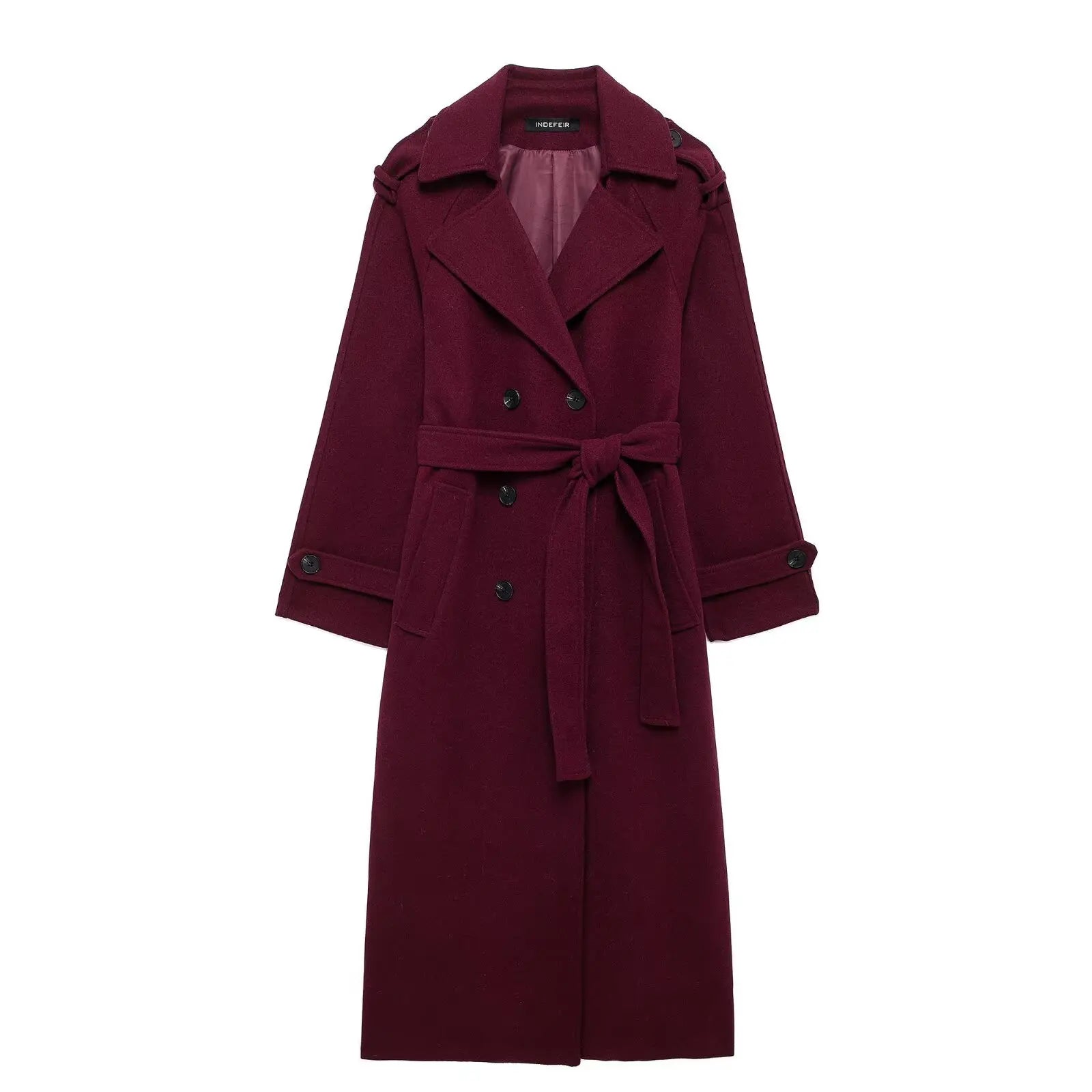 HH Winter Elegant Women Turn-Down Collar Long Coat Solid Long Sleeves Pocket Belt Double-Breasted Female Slim Windbreaker Coats
