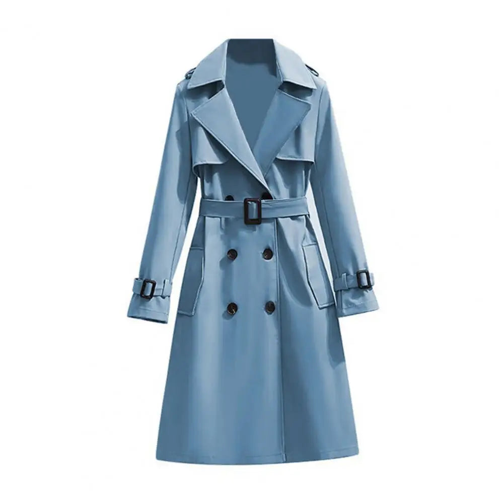 Classic Women Trench Coat Double Breasted Long Trench Coat Belted Notch Lapel Overcoat Fall Winter Windproof Classic Outerwear