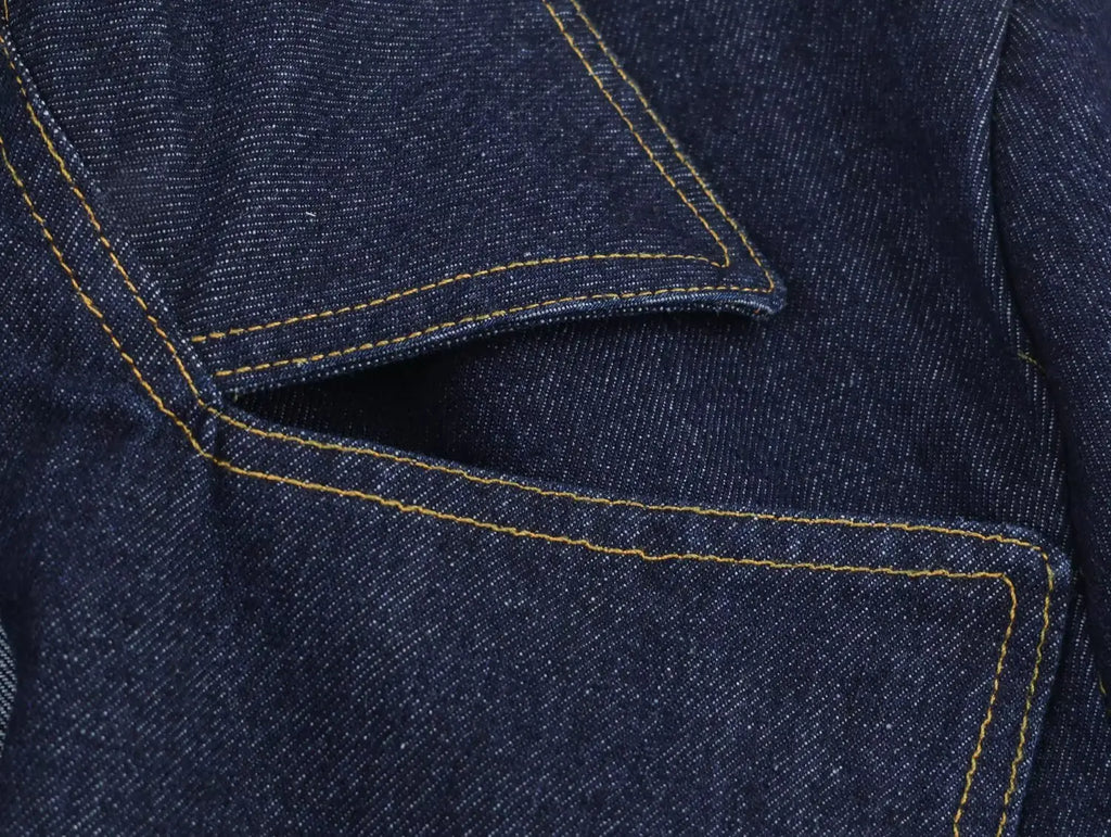 2025 New Women's Fashion Cinched Waist Denim Short Trench Coat Navy Blue Stand Collar Long Sleeve Elegant Ladies' Fashion Appare