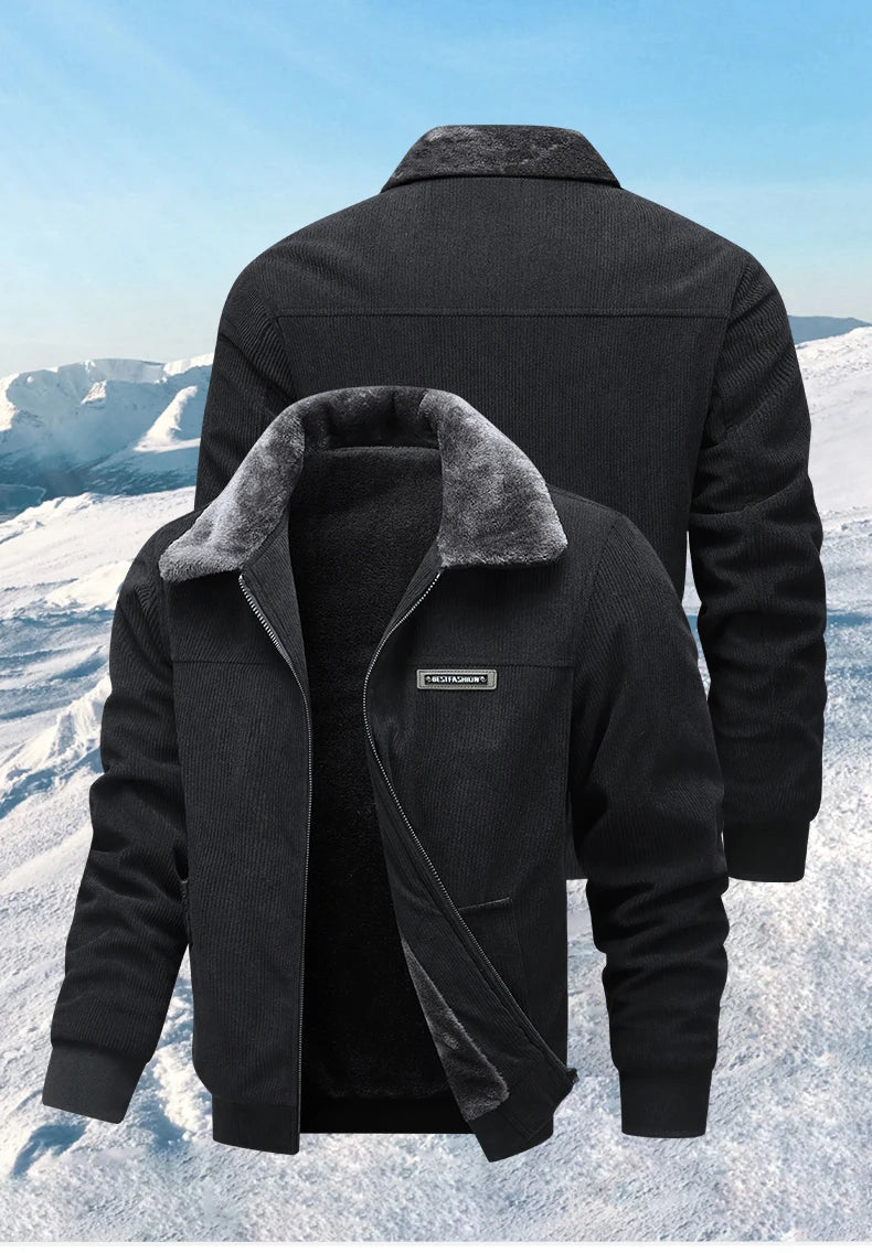 Winter Men Fleece Jacket Padded Warm Loose Parka Coat Corduroy Short Jacket Man Solid Fur Collar Windbreaker Cotton Jackets