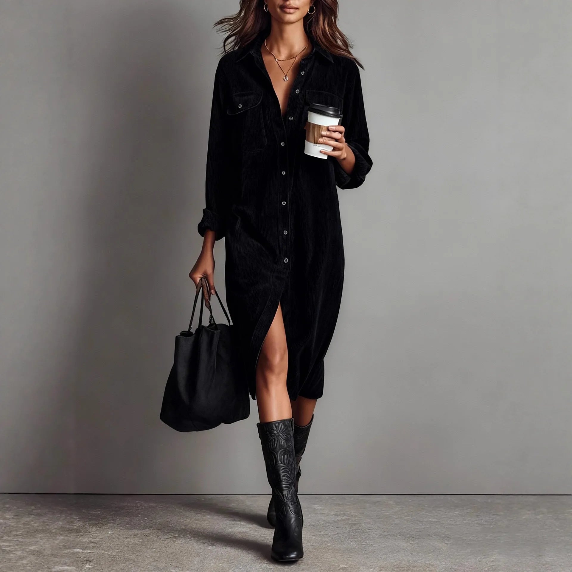 Women's Dresses Trend 2025 Fashionable Women's Workwear Style Elegant Long-sleeved Lapel Corduroy Shirt Elegant Party Dresses