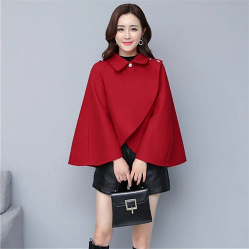 Fashion Woolen Shawl Coat For Women 2025 Autumn Winter New Woolen Jacket Short Outerwear Cape Red Black Coat Tops Female