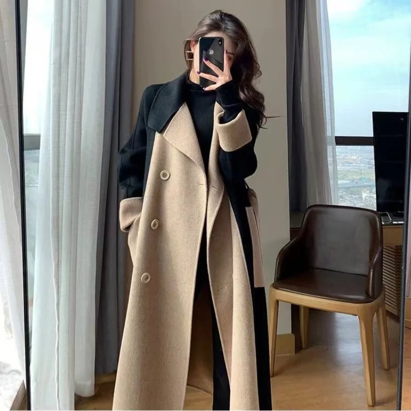 New Autumn Winter Women Coat Color Matching Turn-down Collar Double-breasted Mid Length Lady Coat Double-sided Female Overcoat