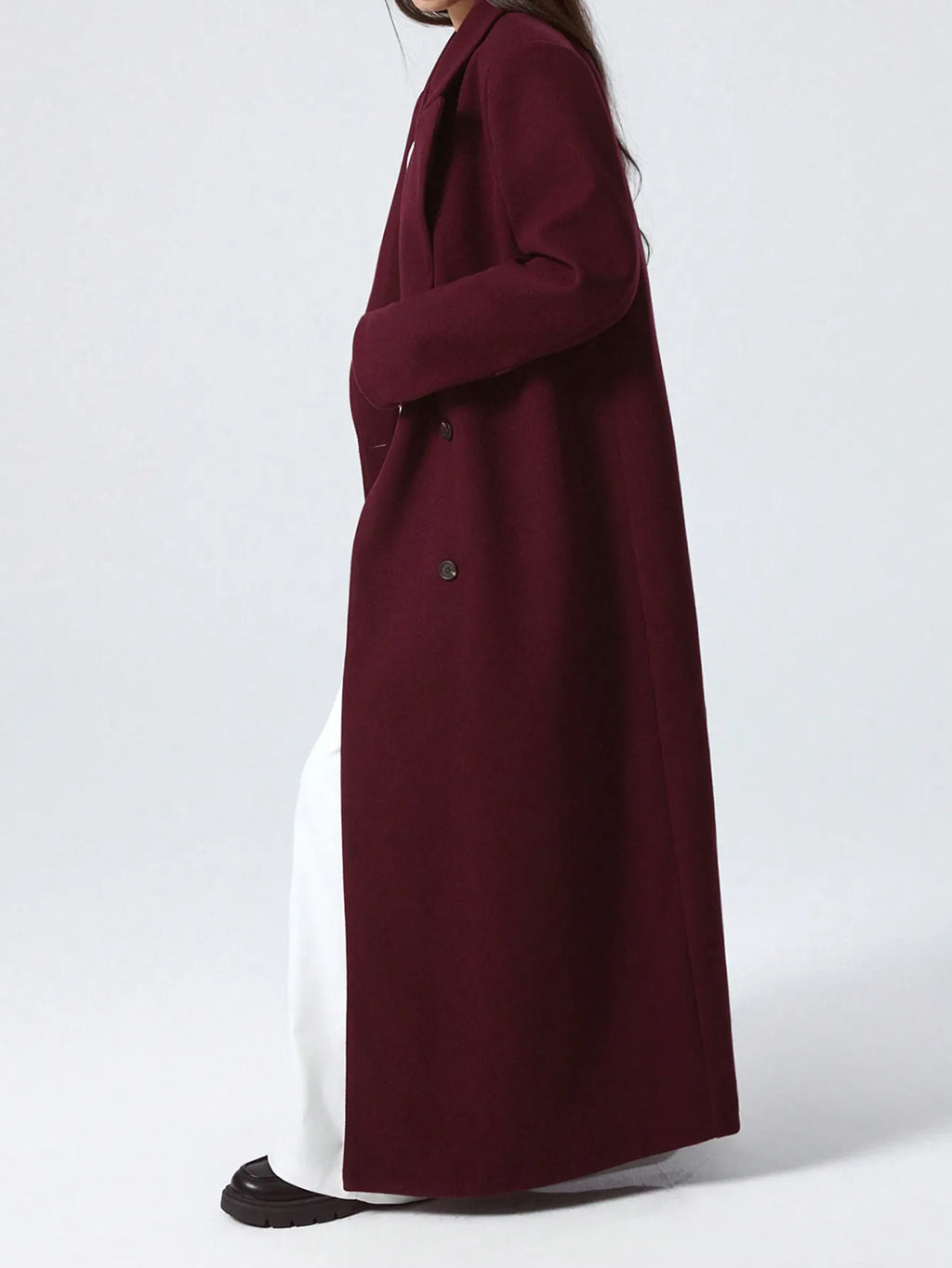 Wine-red Woolen Coat For Women, Long Autumn New Slim-fit Overcoat, Hepburn-style Knee-length Wool Coat