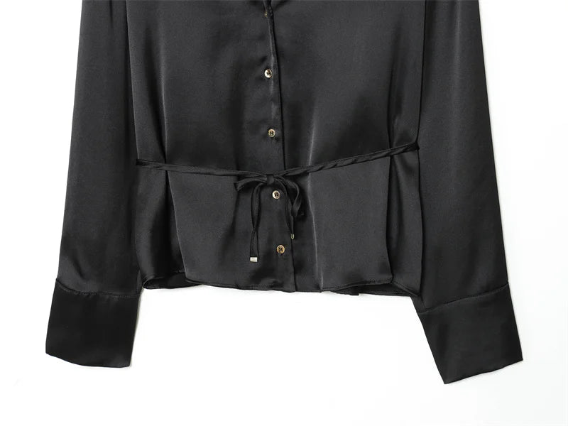 Women's Shirt 2025 Autumn New Arrival Black Long-Sleeve Satin Tie Simple Style Shirt Casual Fashion Elegant and Graceful