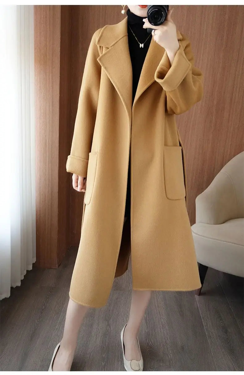 2024 Women's Wear 100% Wool Coat Autumn/Winter Fashion Temperament Double sided Cashmere Coats with Belt Elegant Long Overcoat