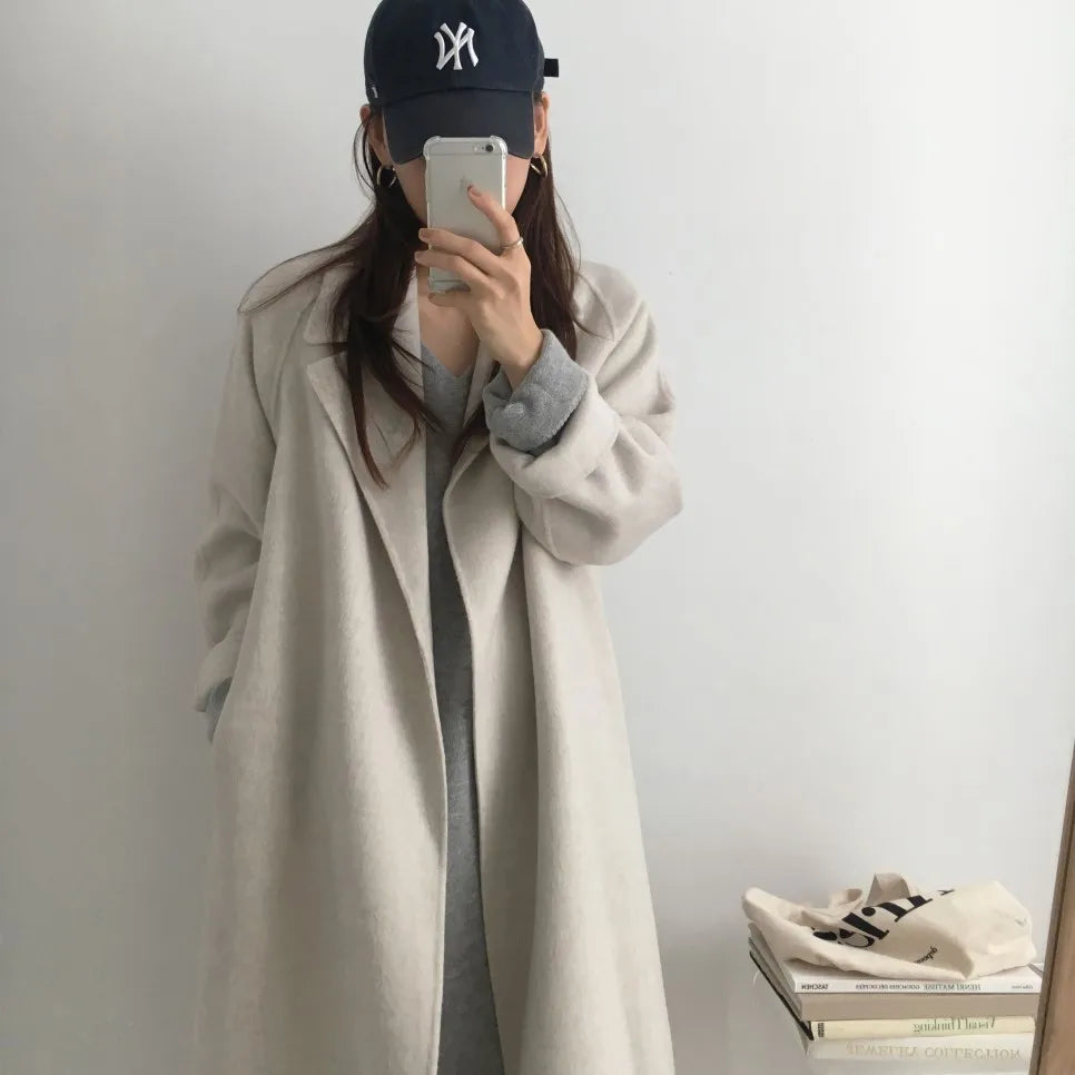 Elegant Woolen Coat Women's 2025 Autumn Winter Mid Length Adjustable Waist Thick Casual Long Sleeve Fashion Wool Coats Female