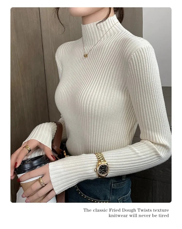 Chic Autumn Winter 2025 Pullovers Women Long Sleeve Casual Turtleneck Warm Basic Sweater Knit Jumpers Solid Color Slim Tops
