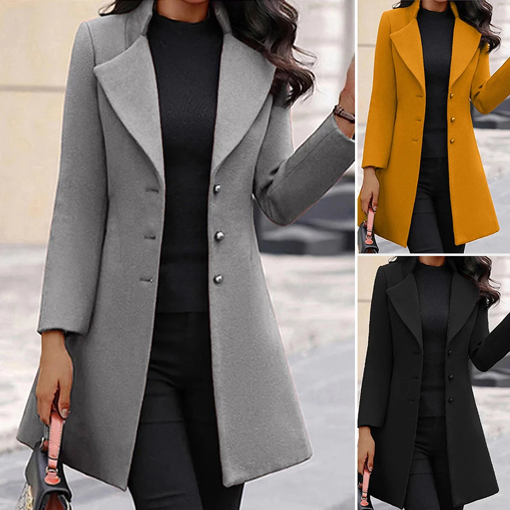 Women's Winter Coats 2025 All-Black Mid-Length Design with Chic Wide Lapel and Long Sleeve for Effortless Street Elegance