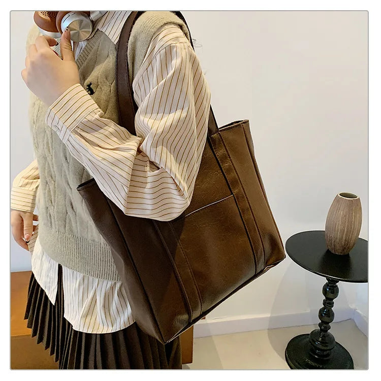 Simple Large Capacity Tote Bags for Women Retro Pu Leather Ladies Shoulder Bag Commuter Portable Girls Student Underarm Handbag