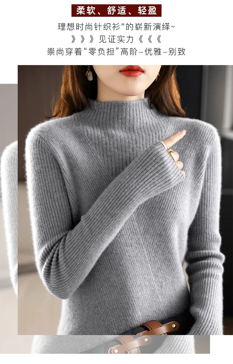 Cashmere Sweater Women Pure Color Half high collar Casual Long-sleeved Loose Pullover Cashmere Sweater Women's