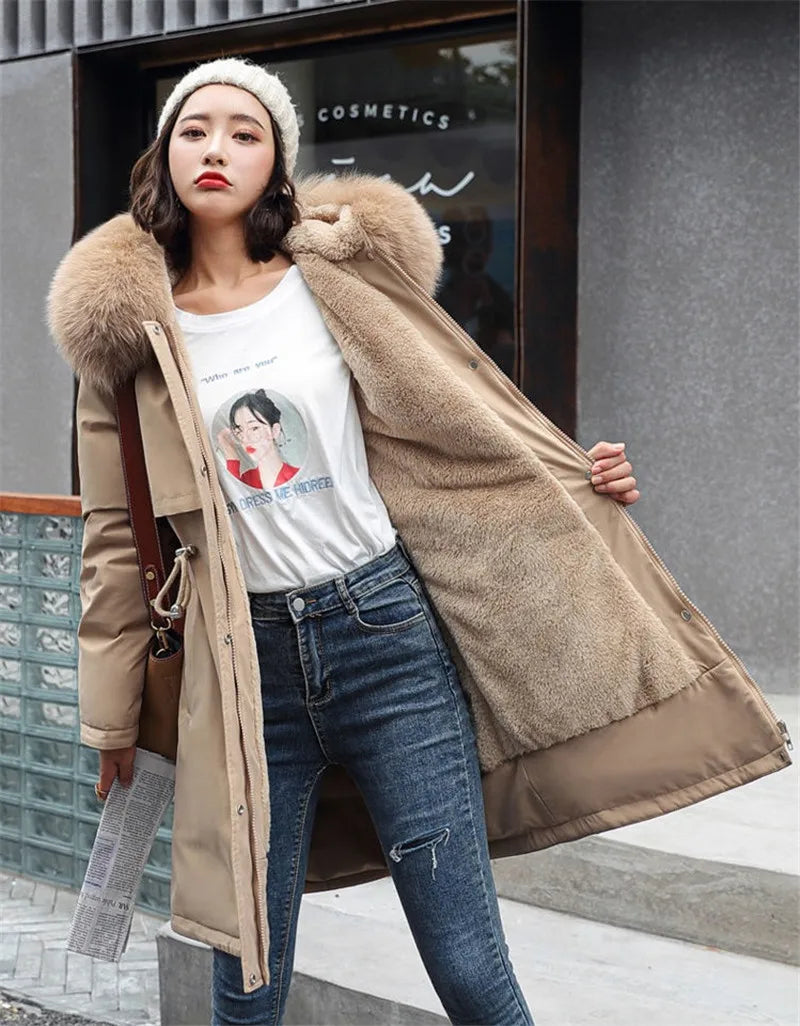 Winter Women Jacket Parkas Warm Casual Parka Clothes Long Soft Tops Hooded Parka Female Fur Lining Thick Pockets Fashion Coat