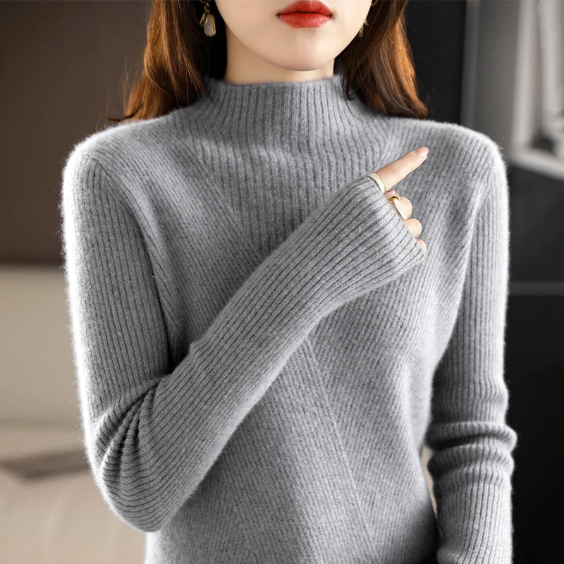 Cashmere Sweater Women Pure Color Half high collar Casual Long-sleeved Loose Pullover Cashmere Sweater Women's