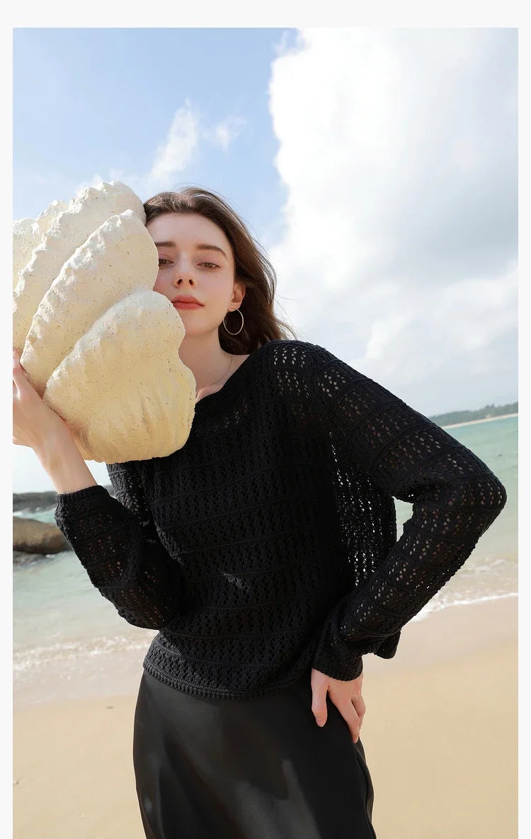 ITOOLIN Summer Women Long Sleeve Loose Casual Top Hollow Out Sexy Knit Shirt Beach Solid Y2k Pullovers Streetwear T-shirt 2024