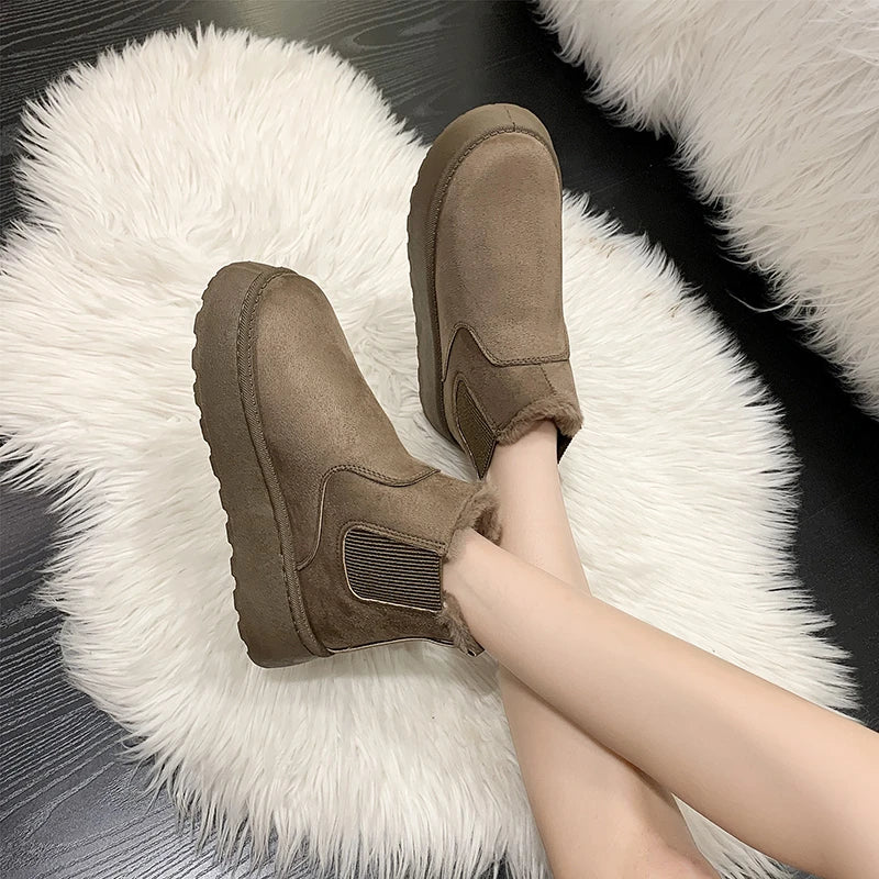 Winter Women Short Plush Warm Snow Boots Casual Shoes New Suede Fur Chelsea Ankle Boots Flats Platform Ladies Shoes Botas Mujer