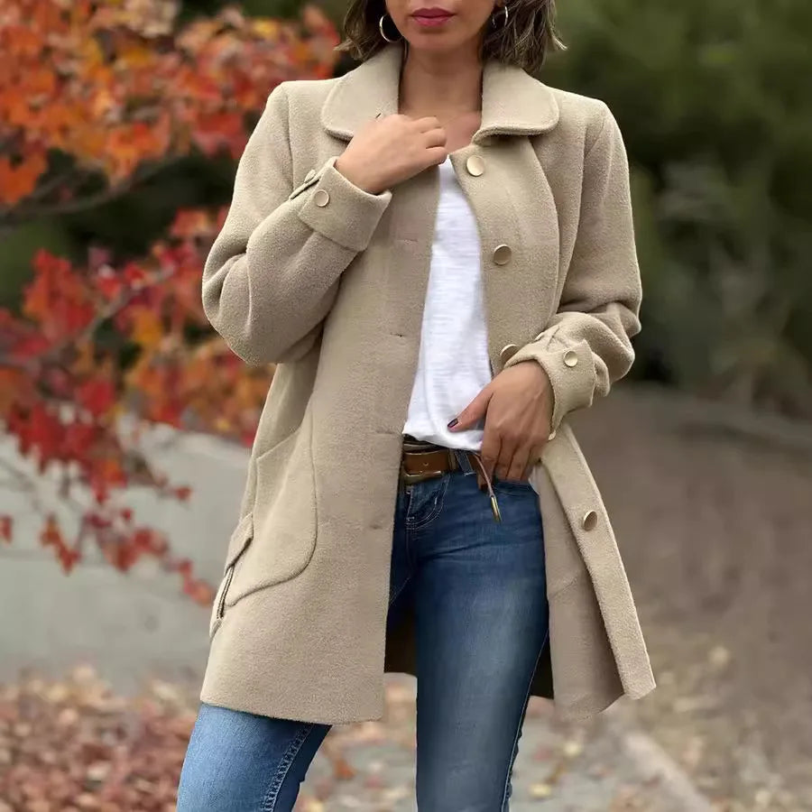 2024 Autumn and Winter New Style Women's Lapel Solid Color Casual Bow Woolen Coat Women's Clothing Пальто Женское