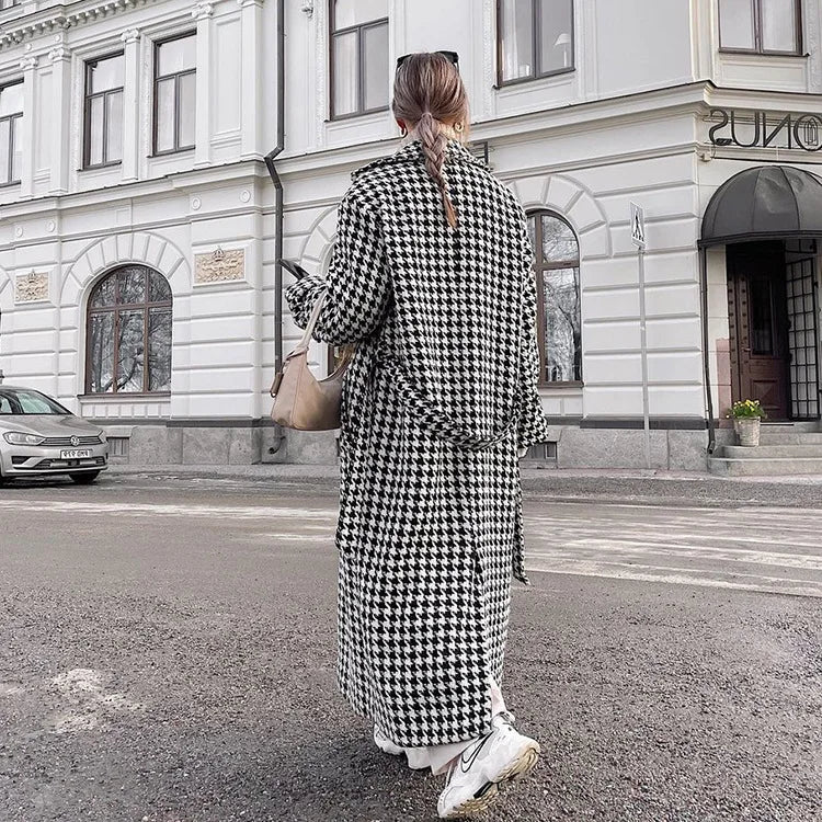 Long Coat Women Coats Work Turn Down Collar Houndstooth Thick Work Trench Streetwear Elegant Jackets Open Stith Autumn Winter