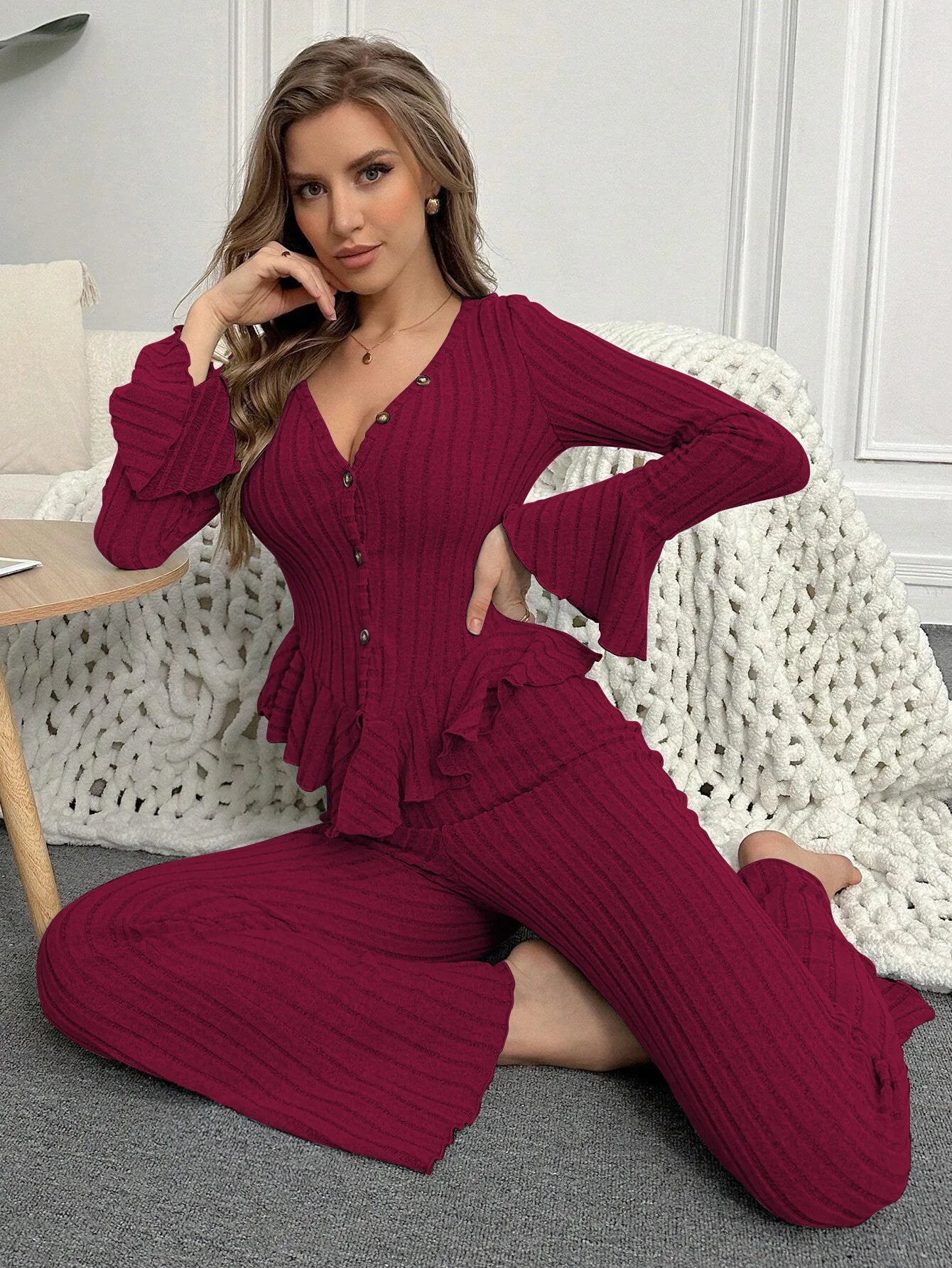 Women Sleepwear Autumn Winter Pajamas Sets Two Pieces Sexy V Neck Long Sleeve Tops and Trousers Set Loungewear Home Clothes