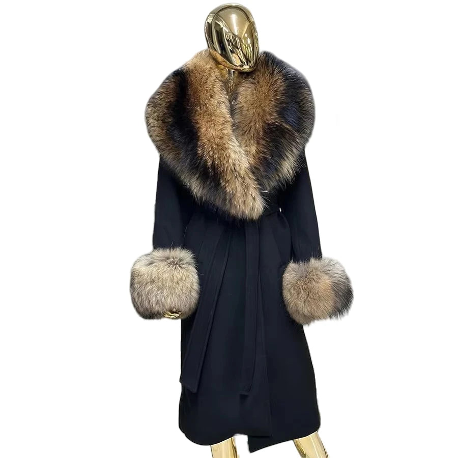 Cashmere Wool Coat For Women Raccoon Fur Coat Long Cashmere Fur Jacket With Real fur Collar Cuffs  Black Genuine Woolen Coats