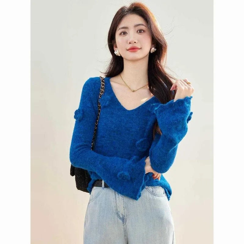 Women Clothes Spring Autumn Fashion Korean Solid Color V-neck Knitting Femme All-match Appear Thin Pullovers Soft Knitwear Tops
