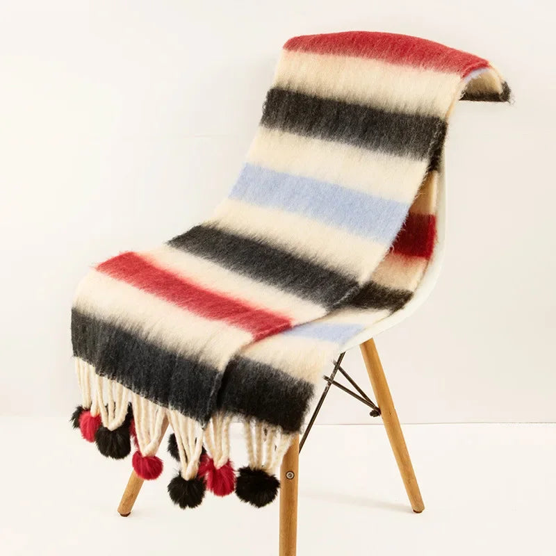Women Winter Scarf Imitation Cashmere Colorful Knitted Scarves with Rabbit Fur Ball Tassels Warm Stripe Patchwork Colors Shawls