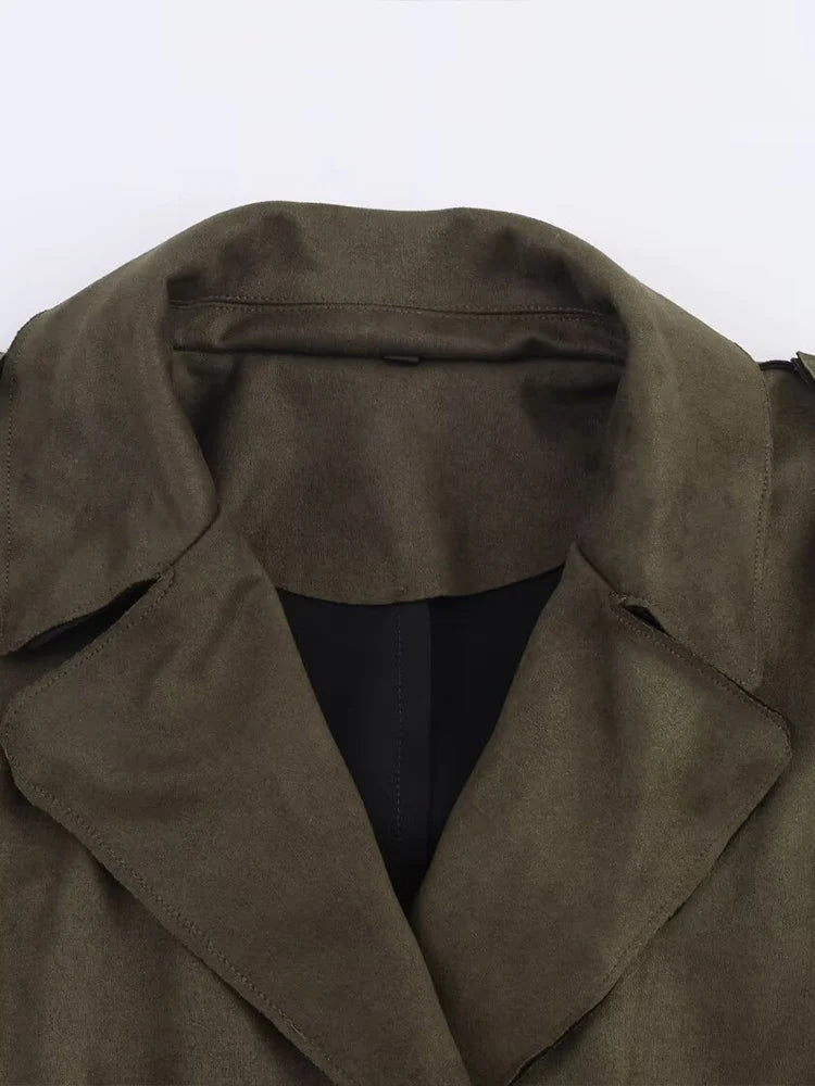 European style new women's fashionable and versatile solid color long trench coat with belt and suede effect.