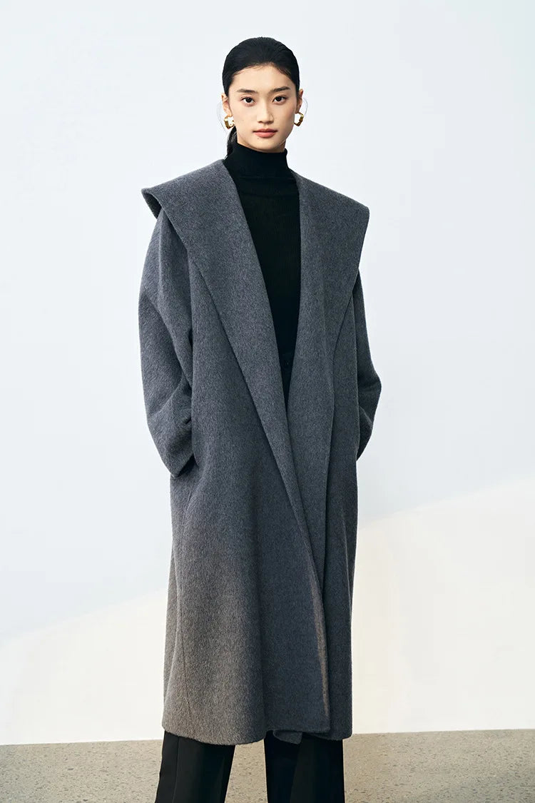 Office Lady Cashmere Woolen Jackets 2024 Autumn And Winter High-Grade Hooded Bathrobe Style Loose Lace-Up Long Women Wool Coats