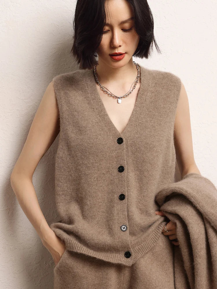 Women Cashmere Sweater Waistcoat Cardigans Vests 100% Cashmere Knitwear Autumn Winter Classics Sleeveless V-neck Office Lady Top