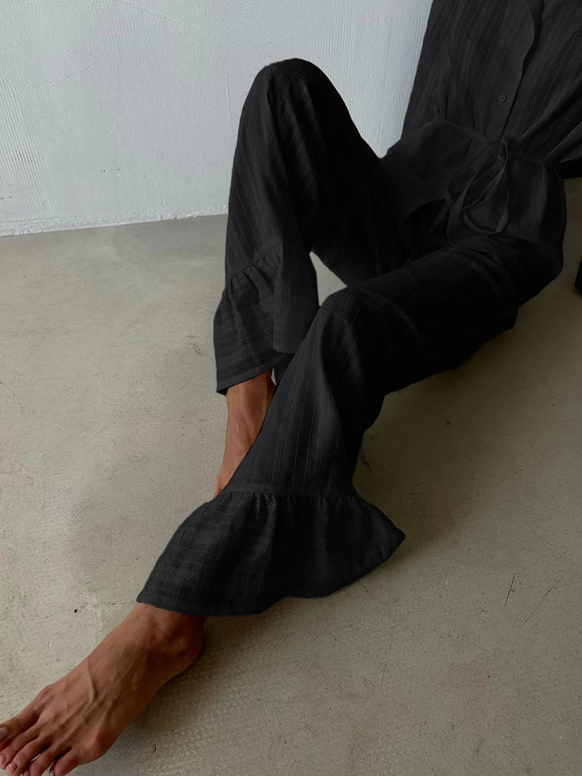 Marthaqiqiq Casual Women Nightgown 2 Piece Suit Long Sleeve Nightwear Turn-Down Collar Sleepwear Pants Loose Home Clothes Ladies