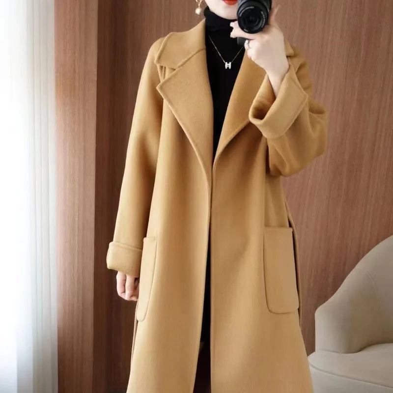 2024 Women's Wear 100% Wool Coat Autumn/Winter Fashion Temperament Double sided Cashmere Coats with Belt Elegant Long Overcoat