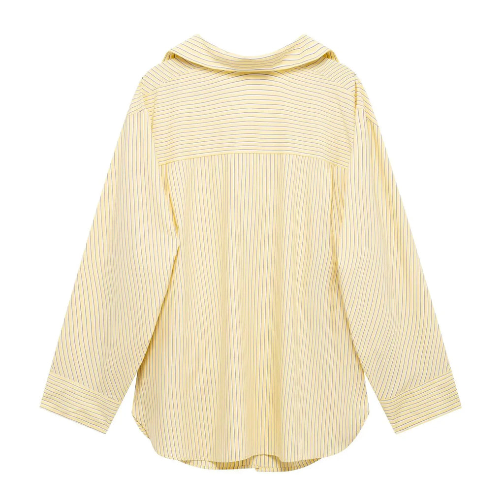 HH Women Elegant Commuter Shirt Splicing Loose Striped Single-breasted Lapel Blouse Female Spring Casual Long-sleeved Top