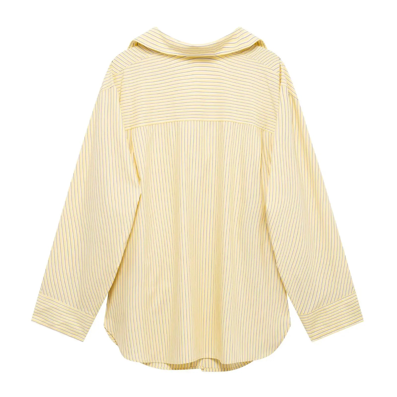 HH Women Elegant Commuter Shirt Splicing Loose Striped Single-breasted Lapel Blouse Female Spring Casual Long-sleeved Top