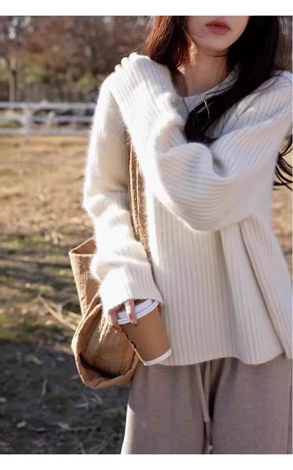 100% Cashmere sweater for women's autumn and winter loose and soft sweater wool knitted sweater round neck base layer