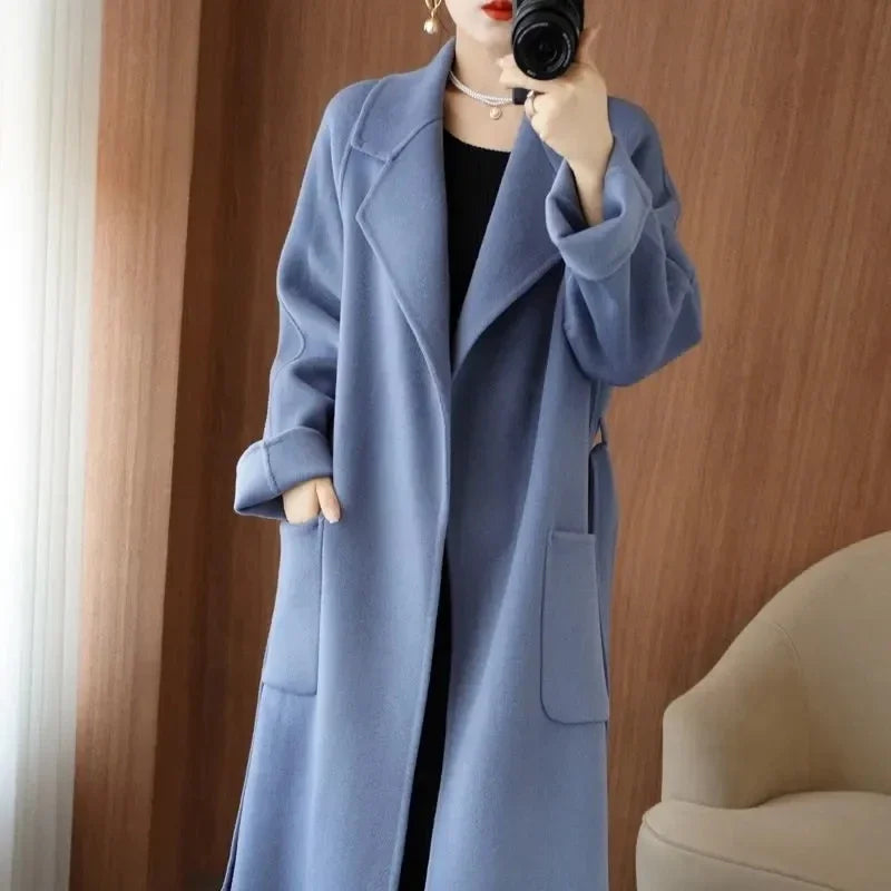 100% Wool Coat Women's Wear 2025 Autumn/Winter Fashion Temperament Double sided Cashmere Coats with Belt Elegant Long Overcoat