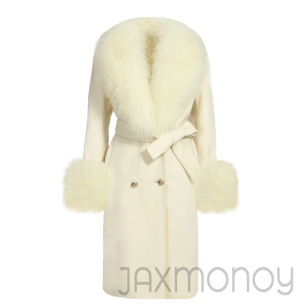 Women Cashmere Wool Coat With Real Mongolian Sheep Fur Collar  Ladies Autumn Winter Fashion Long Outwear Full Sleeve Fur Jacket