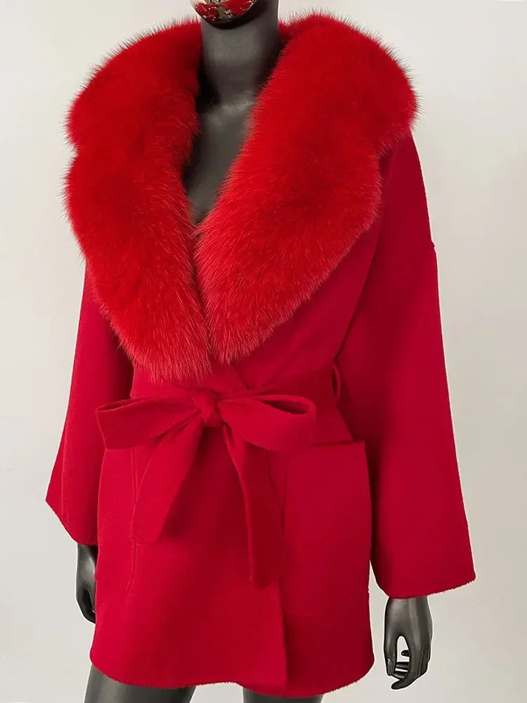 2025 Winter Fashion Women Double-sided Wool Cashmere Coat with Detachable Natural Fox Fur Collar Luxurious Genuine Fur Coat