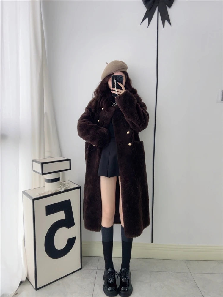 100% Wool Coat Women New Warm Sheep Shearing Long Solid Color Long Coat Lamb Wool casacos femininos inverno 2025