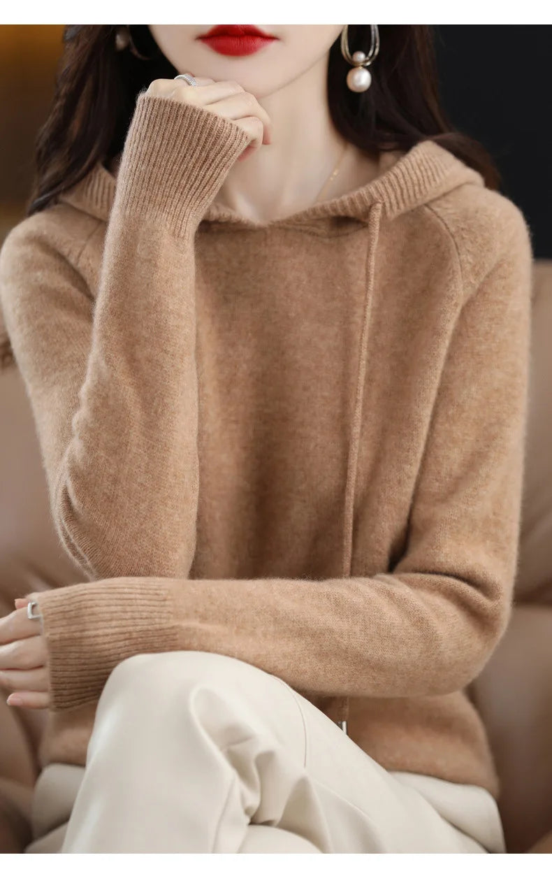 Cashmere Hooded Sweater Women Autumn Winter Long Sleeve Solid Color Knitted Hoodies Lady Loose Drawstring Casual Pullover Hoodie