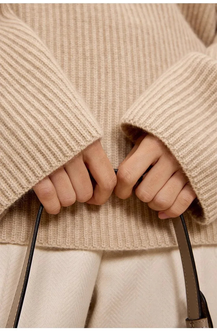 Women's High-Necked Cashmere Sweater Loose Padded Bottoming Pullover Autumn Winter Warm Lazy Wind Style 100% Pure Wool