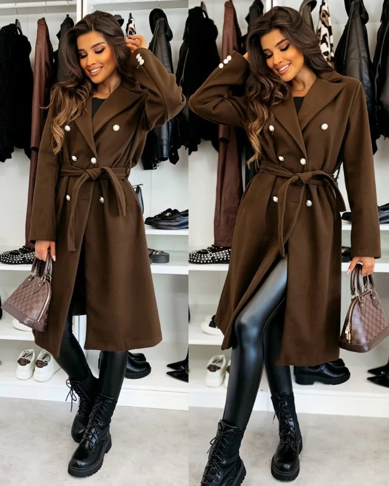 Women's Woolen Coat Autumn Winter Vintage Elegant Double Breasted Trench Coat Women Brown Long Sleeved Midi Windbreaker Jacket