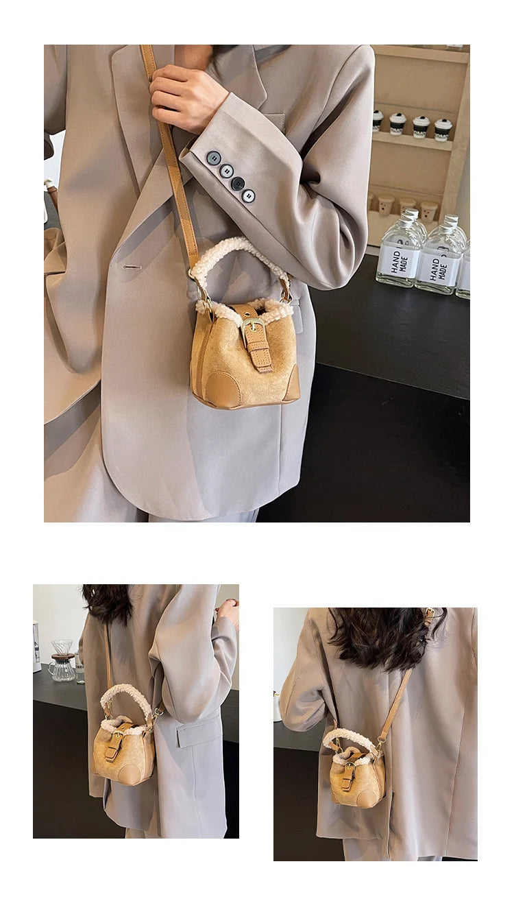 Women's Bags Bucket Shoulder Handbag Autumn Winter Vintage Versatile Lamb Wool Handbag Elegant Fashion Crossbody Bag Wholesale