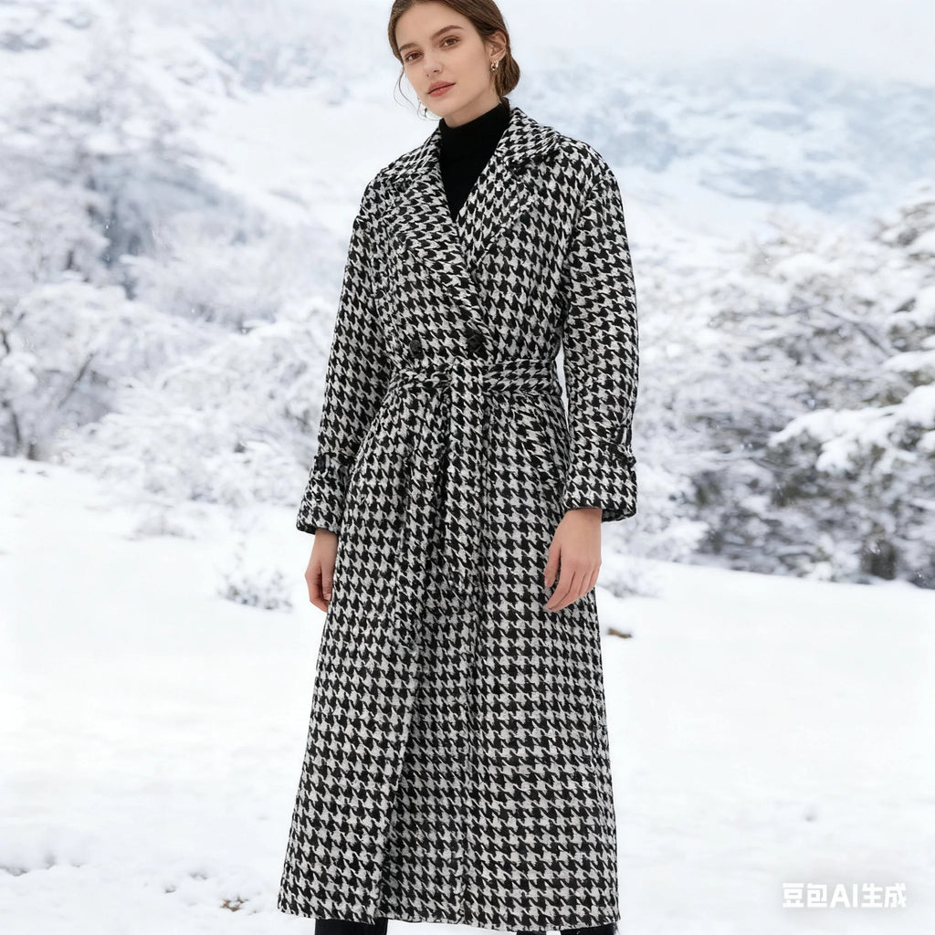 Long Coat Women Coats Work Turn Down Collar Houndstooth Thick Work Trench Streetwear Elegant Jackets Open Stith Autumn Winter