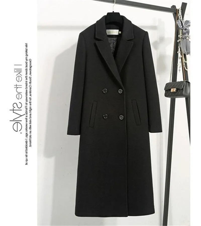 Women's Classic Black Woolen Coat Female Mid-Length Jacket New Korean Version Thicken Woolen Blend Overcoat Autumn Winter