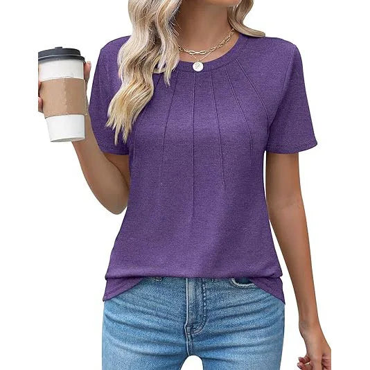 Women's Clothing European American T-shirt Tops Tees spring summer women's round neck pleated short sleeved solid color T-Shirts