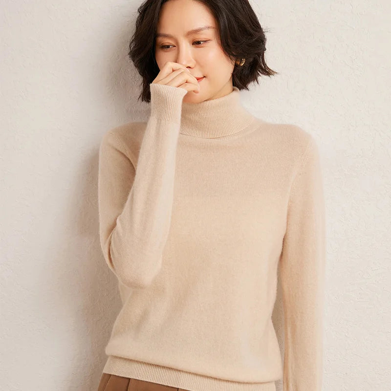 100% Pure Cashmere Sweaters Women' Lapel Knitted Pullover Casual Loose High-End Sweater Autumn New High-Neck Cashmere Base Shirt